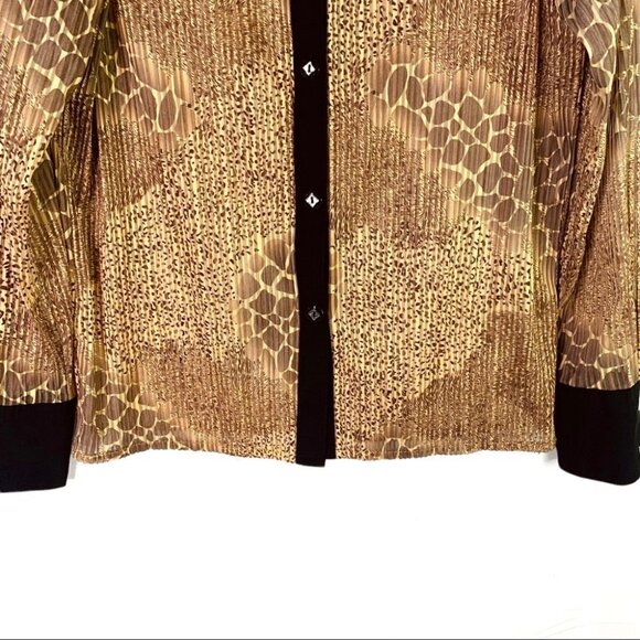 BUTTON DOWN SHIRT ANIMAL PRINT BROWN SHEER CHIFFON TOP LONG SLEEVE  BLOUSE SMALL - Picture 7 of 17